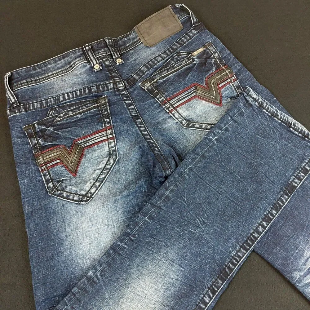 Salvage Mayhem Straight Regular Fit Jeans Men's 30R (Fit 32x32) Blue Distressed